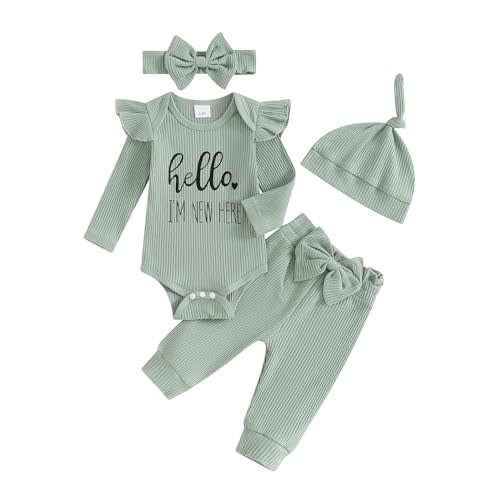 wybzd Hello World Newborn Outfit Baby Girl Going Home Outfit Ruffle Ribbed Romper Top Floral Pants Set Cute Summer Clothes