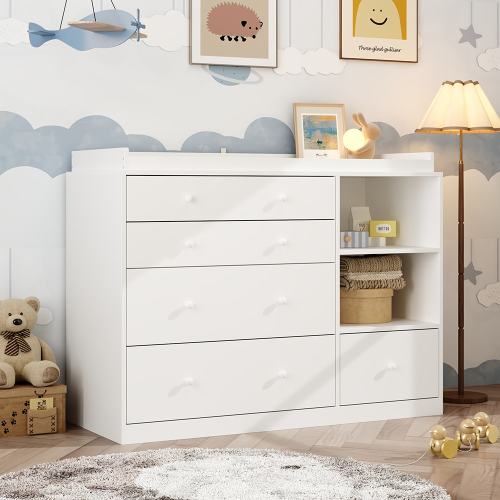 Baby Nursery Changing Table with 5 Drawers White Handles and 2 Storage Shelves Wood Nursery Storage Kids Organizer 47.2''L x 19.5''W x 36.1''H White