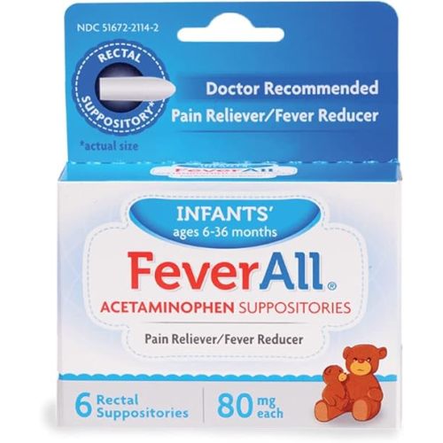 Feverall Infant Acetaminophen Suppositories 6 Rectal Suppositories 80mg Each Pain Reliever/Fever Reducer. Paraben Free, No Artificial Colors or Other preservatives. Ages 6-36 Months