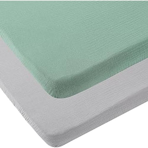 Muslin Pack n Play Sheets Soft Breathable 100% Cotton Mini Crib Fitted Sheets Portable/Convertible Playard Mattress Cover 2 Pack for Baby Boy and Girl, Grey and Green