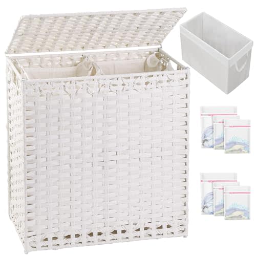 SETVSON Laundry Hamper with Lid Wicker Laundry Basket 112 L (29.6 Gal) Laundry Hampers Handwoven Rattan Clothes Hamper with Handles 3 Removable Liner Bag, 6 Mesh Bags for Bathroom Bedroom White