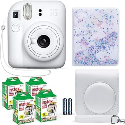 Fujifilm Instax Mini 12 Instant Camera Clay White + Fuji Film Value Pack (40 Sheets) + Shutter Accessories Bundle, Incl. Compatible Carrying Case, Quicksand Beads Photo Album 64 Pockets