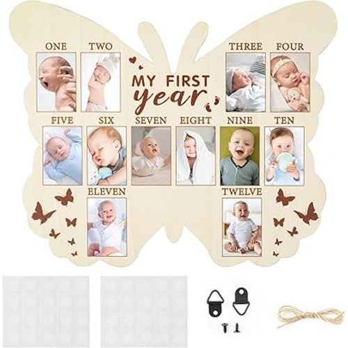 R HORSE My First Year Photo Display Wood Board, Butterfly Shape 1st Birthday Photo Frame, Baby’s First Year Picture Frame, 12 Months Milestone Board Baby Keepsake Board Nursery Decor Gift for Boy Girl