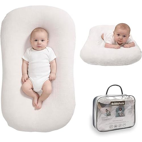 Bubbyhuts Baby Lounger - Snuggle Cozy Me Infant Lounger for Newborn 0-12 Months, Muslin Cover，Portable Breathable & Soft Baby Nest Lounger for Home and Travel - White