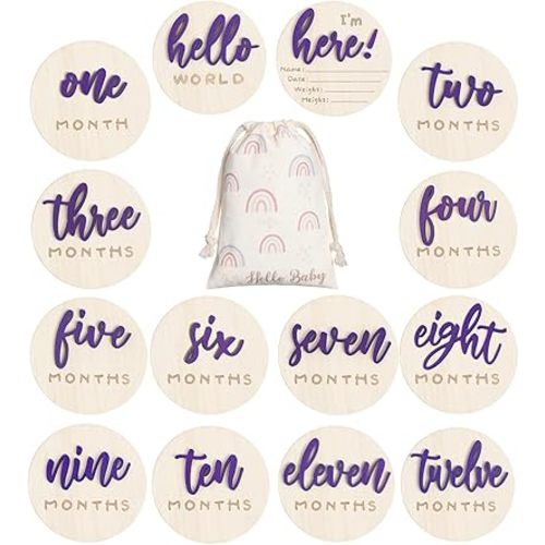 3D Baby Milestone Wooden Circles Hello World Newborn Sign 7 Pack Double Sided Monthly Milestone Cards Sign Baby Announcement Sign for Newborn Shower Photo Props(Purple)