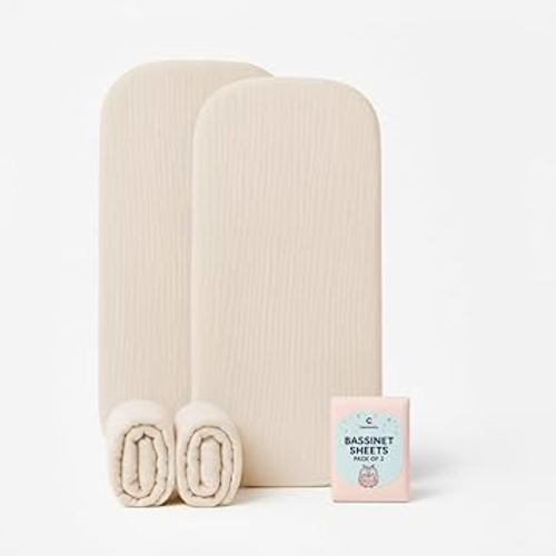 Baby Bassinet Sheets 33x17 Inches, Muslin Fabric Pack of 2 Beige Organic Bassinet Sheets Girl/Boy, Soft Breathable Fitted Bassinet Mattress Sheets, No Shrinking or Loose Corners, Safe & Cozy