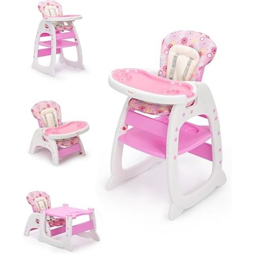 SANDINRAYLI High Chair, Adjustable Highchairs for Babies and Toddlers, Compact Baby Feeding Chair for 6 Months to 6 Years, Best Rated Convertible Kids Easy to Clean Eating Chair for Girl, Pink