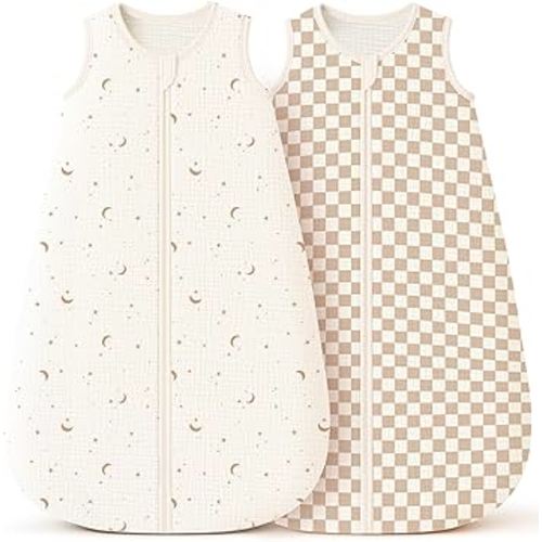 Konssy Muslin Baby Sleep Sack 6-12 Months 0.8 TOG, 2 Pack 100% Cotton Wearable Blanket for Babies, 2-Way Zipper Breathable Sleeping Sack Infant Toddler Essentials for Girls and Boys(Moon,Coffee Check)