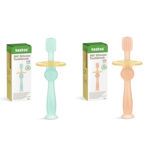 haakaa 360° Baby Toothbrush with Suction Base - Food-Grade Silicone, Adjustable Safety Shield - Blue+Pink (2 PCS)