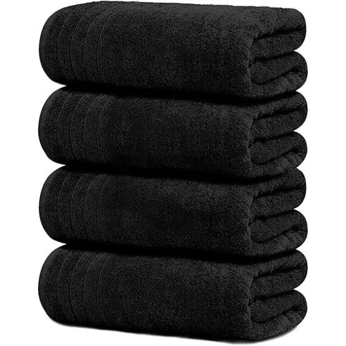 Tens Towels Pack of 4 Extra Large Bath Towels 30 x 60 Inches, 100% Cotton, Larger & Lighter Weight, Quicker to Dry, Super Soft and Absorbent, Perfect for Bathroom, Black