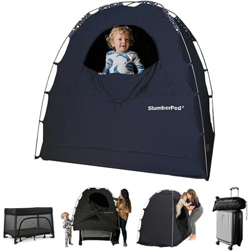 SlumberPod The Official Blackout Sleep Tent for Pack and Play, Mini Cribs and Travel Cribs, Blackout Canopy Crib Cover, Sleep Pod for Kids with Monitor Pouch and Fan Pouch, Navy Night Sky