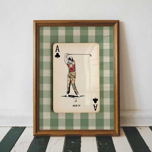 Green Gingham Golf Art - Framed Ace It Golfer Print, Vintage Retro Golf Wall Art, Rustic Country Club Decor, Masculine Wall Art for Office