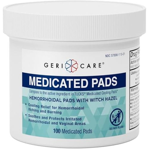 GeriCare Medicated Cooling Pads with Witch Hazel. for Soothing Itch, Discomfort, and Burning, Pre-Moistened Pads Ideal for Sensitive Areas, 100 Count (Pack of 1)