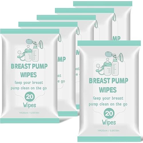 6 Pack 120 Count Breast Pump Wipes Quick Clean and Irritant Free Resealable Convenient Breast Pump Cleaning Wipes Hygienic Breastfeeding Supplies(Green)