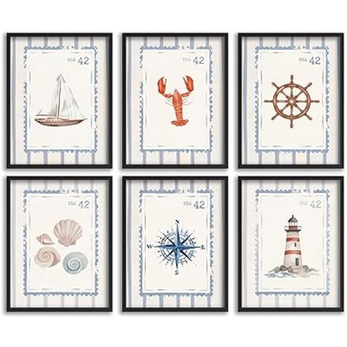 6PCS Nautical Canvas Wall Art Vintage Stamp Coastal Posters Prints Ocean Lighthouse Sailboat Lobster Compass Seashell Pictures Wall Decor for Bathroom Nursery Bedroom Unframed