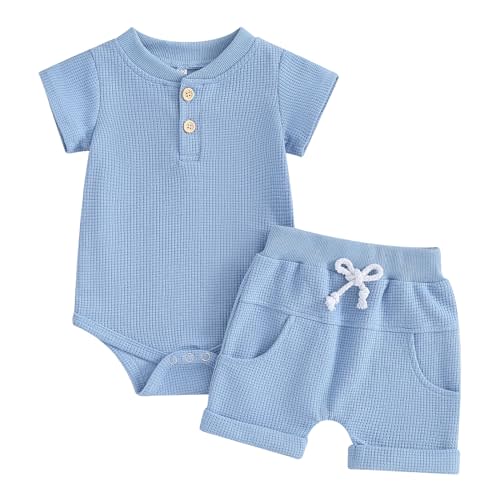 Kuriozud Newborn Baby Boy Summer Clothes Button Short Sleeve Romper Bodysuit Shorts Set Toddler Soft Waffle Outfit