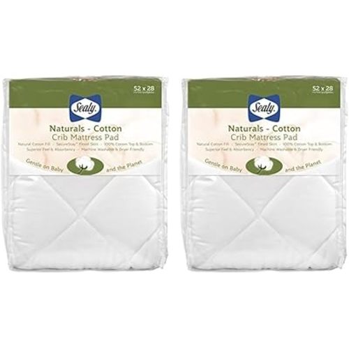 Sealy Baby Naturals Cotton Fitted Ultra Absorbent Infant Crib Mattress Protector Pad and Toddler Bed Cover, Durable and Comfortable Topper, Machine Washable and Dryer Friendly, 52” x 28”- White