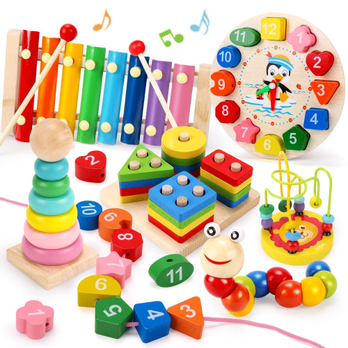 Baby Toys for 12-24 Months 9-in-1 Wooden Montessori Toys for Toddlers Wooden Toy Set Baby Intellectual Development Toys, Christmas/Birthday Gift for 1+ Boys Girls