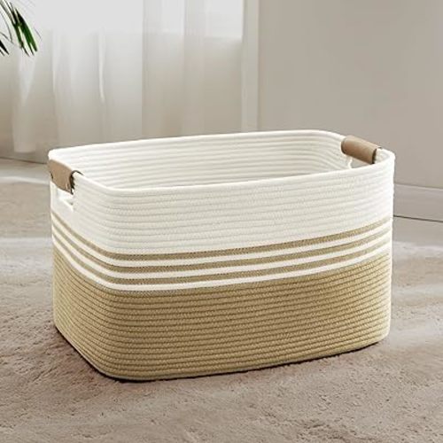 Laundry Hamper 72L Large Blanket Storage, Blanket Basket Living Room, Toys, Towel, Dirty Clothes in Bathroom, Bedroom, Nursery Laundry Basket with Leather Handles - Khaki Color