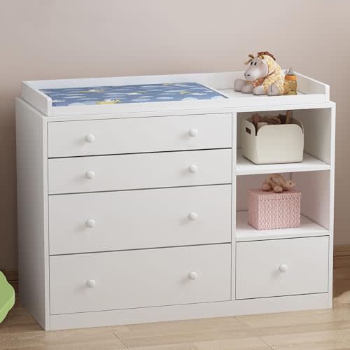 AIEGLE Baby Nursery Dresser, White Bedroom Dresser with 5 Drawers & Storage Shelves, Wood Chest of Drawers Nursery Storage Kids Organizer (47.6" L x 19.7" W x 36.1" H)