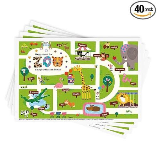 Babebay Disposable Stick-on Placemats 40 Pack for Baby & Kids & Toddler, Sticky Placemats Restaurant Table Mats 12" x 18" (Happy Zoo)