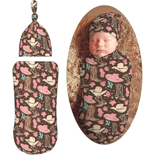 Girly Western Hats Newborn Swaddle Blankets Hat Sets Soft Baby Receiving Blanket Swaddle Sack for Baby Shower Infant Boy Girl Gift