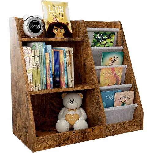 Kids Bookshelf for Bedroom Toddler Children Baby Bookcase 3-Tier for Nursery Book Toy Storage Organizer 4 Sling Adjustable Display Shelf Book Rack Wood Classroom Playroom Rustic Brown