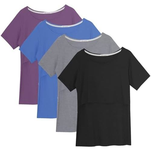Smallshow Women's Nursing Tops Ribbed Short Sleeve Breastfeeding Shirts 4 Pack