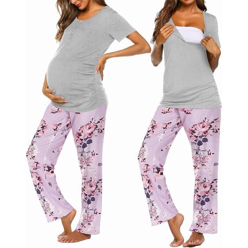 Ekouaer Women's Maternity Nursing Pajamas Sets Breastfeeding Printed Sleepwear Short Sleeve 2 Pcs Henley Top and Pants Set