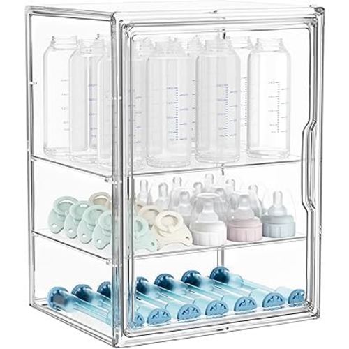 HBlife Baby Bottle Storage Organizer for Countertop Cabinet, 3 Tiers Adjustable Clear Acrylic Bottles Storage Station Case Box Container with 2 Removable Dividers and Magnetic Door, Large