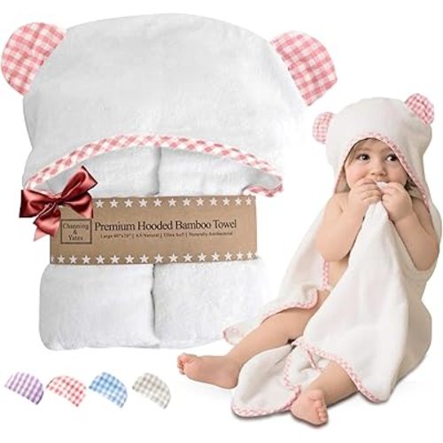 Channing & Yates Premium Boutique Baby Towels for Girls - Hooded Girl Towel & Washcloth Set - Organic Viscose Made from Bamboo Baby Towels with Hood - Baby Girl Bath Towels (Pink)