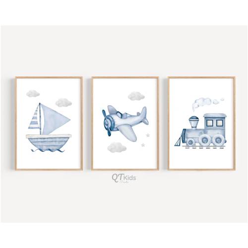 Transport Nursery Prints, Navy Blue Boy Nursery Playroom Decor, Train Airplane Sailboat, Transportation Vehicles Wall Art, DIGITAL DOWNLOAD