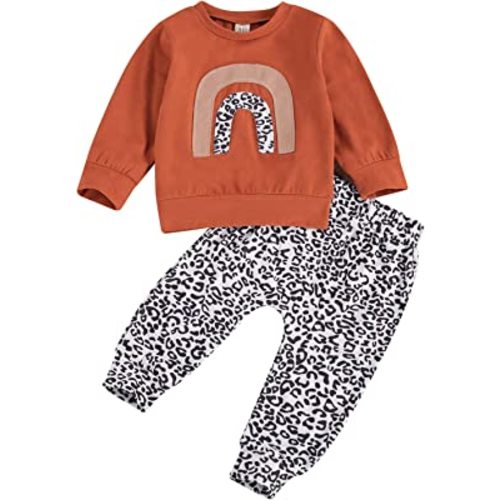 Sasaerucure Infant Baby Girl Boy Outfit Long Sleeve Rainbow Pullover Tops with Leopard Pants 2pcs Set Winter Spring Clothes