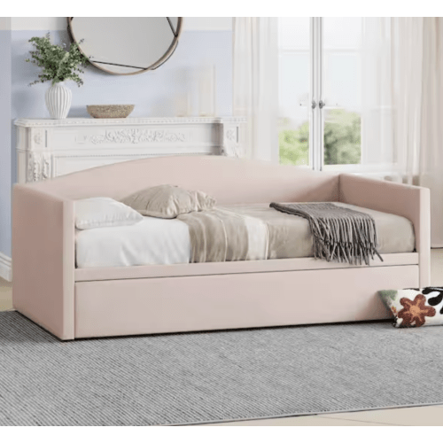 COLOR: Pink - Harper & Bright Designs Pink Twin to King Size Velvet Upholstered Daybed with Extended Pop-Up Trundle YJH113AAP