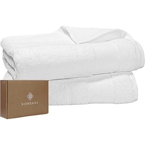 BIOWEAVES 100% Organic Cotton 700 GSM Plush Bath Towels 30" x 58" GOTS Certified - White, Pack of 2