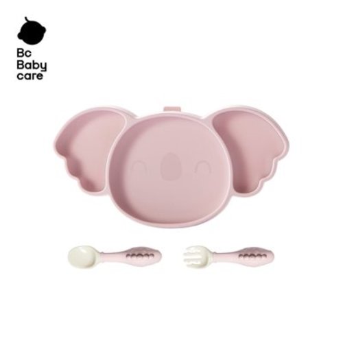 Bc Babycare Baby 3-in-1 Silicone Suction Plate Set,Include Spoon, Fork and Straw,Divided Design for Picky Eaters, Microwave & Dishwasher Safe, Pink Koala