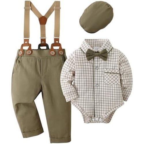 CARETOO Baby Boy Clothes Suit Infant Gentleman Boy Outfits Dress Shirt/Bowtie/Suspender Pants Set 0-18 Months