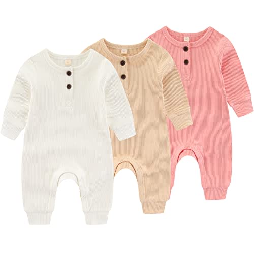 IADOER Newborn Baby Boys Girls One Piece Romper With Mitten Cuffs 3 Pack Long Sleeve Ribbed Button Jumpsuit Outfit Clothes