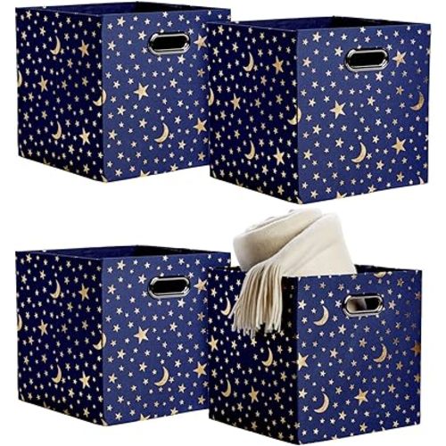 Okuna Outpost 4 Pack Star Storage Cubes, Collapsible Foldable Fabric Organizer Baskets for Clothes, Toys, Gold Moons and Stars (11 In)