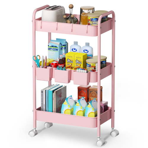 3 Tier Mesh Utility Cart, Rolling Metal Organization Cart with Handle and Lockable Wheels, 3 Hanging Cups and 4 Hooks, Mobile Trolley Cart for Kitchen, Bathroom, Office, Workshop, Pink