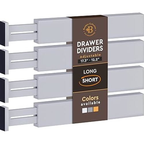 Bambüsi 4 Pack Drawer Divider - Bamboo 2.6" High, 12.5-17" Adjustable Drawer Organizers for Clothes, Expandable Dresser Separators in Bedroom/Bathroom/Kitchen/Office Organization and Storage (Grey)