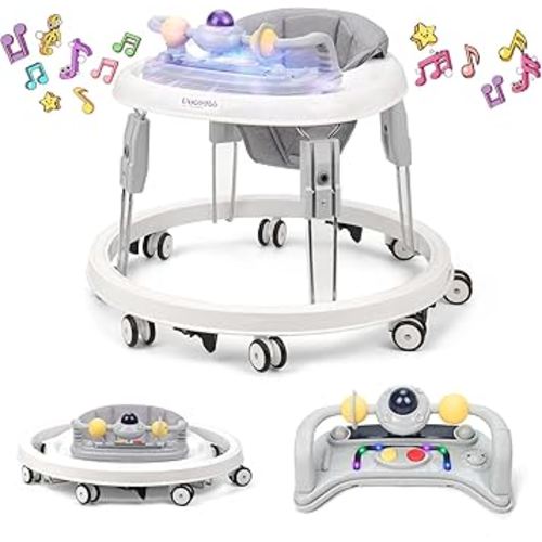 Baby Walker with Wheels,Music and Lights Baby Walker for Boys Girls 6-12 Months,Foldable Baby Walkers and Activity Center,Toddler Infant Walker with 7-Speed Height Adjustment,Detachable Plate,Gray