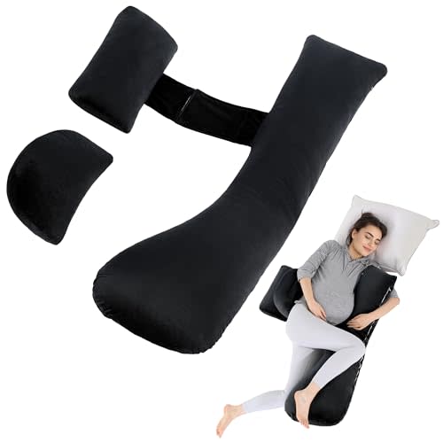 HOMBYS Shredded Memory Foam J Shaped Pregnancy Pillow, Maternity Pillow for Sleeping with Adjuable Wedge Cushion, Extra Soft Body Support for Pregnant Women (Black)