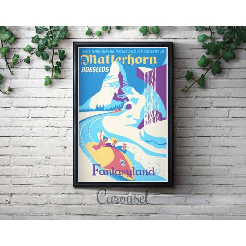 Vintage Disneyland Matterhorn Attraction Poster, Disney, Fantasyland, Nursery, Kids Bedroom, Retro, Travel Poster, Wall Art, Bobsleds