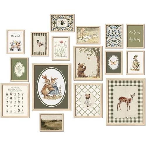16 PCS Woodland Nursery Wall Art Decor, Vintage Baby Girl & Boy Nursery Decor, Kids Toddler Room Bedroom Playroom Decor, Sage Green Animals Eclectic Gallery Wall Prints, Bear Duck Goose Rabbit