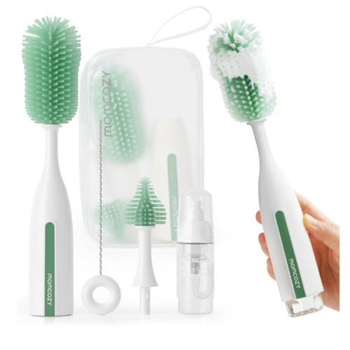 Momcozy Bottle Brush Kit Pro, Innovative Push-Press Design for Deep Cleaning - Bottle Cleaner Brush for Bottle/Breast Pumps/Nipple - Clog-Free Brush & Foam-Generating Design for Better Cleaning, Green