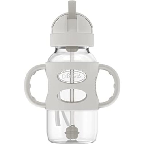 Dr. Brown's Milestones Wide-Neck Sippy Straw Bottle with 100% Silicone Handles and Weighted Straw, 9 oz/270 mL, Gray, 6m+