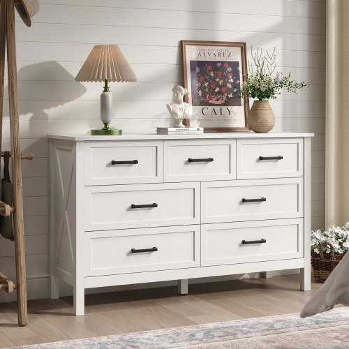 YouTrend 7 Drawer Farmhouse Dresser,Wood Adult Rustic Chest of Drawer with Metal Handles for Bedroom Living Room Hallway,Natural White