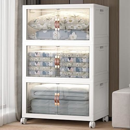 480QT-160QT/40GAL*3 Extra Large Stackable Storage Bins with Lids and Wheels, Stackable Storage drawers, 3Pack Collapsible Storage Bins with door, Closet Organizers and Drawers for Home, Dorm