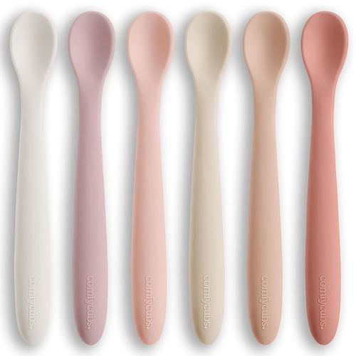 Comfy Cubs Silicone Baby Spoons Set 6-Pack, Sand 6.46 x 0.95 in – BPA Free, Soft Gum-Safe Toddler Eating Essentials – Lightweight & Flexible Baby Spoons, Dishwasher Safe, Fun Utensils for Babies